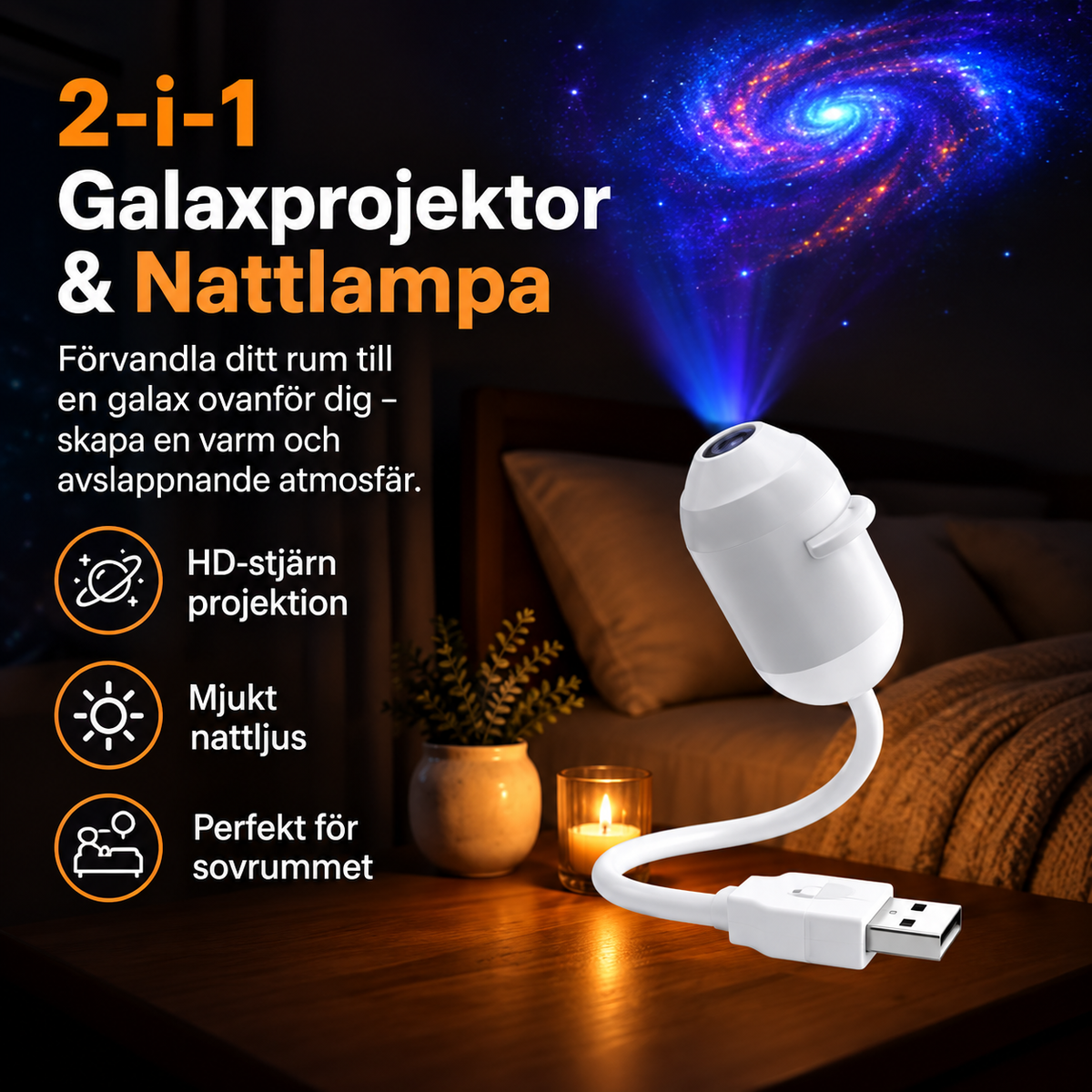 2-i-1 Galaxprojektor och Nattlampa – HD-stjärnprojektion
